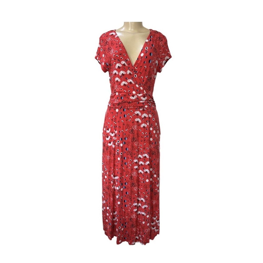 Boden Faux Wrap Maxi Dress Sz US 10R UK 14R Red Floral Jersey V-Neck Pockets NWT